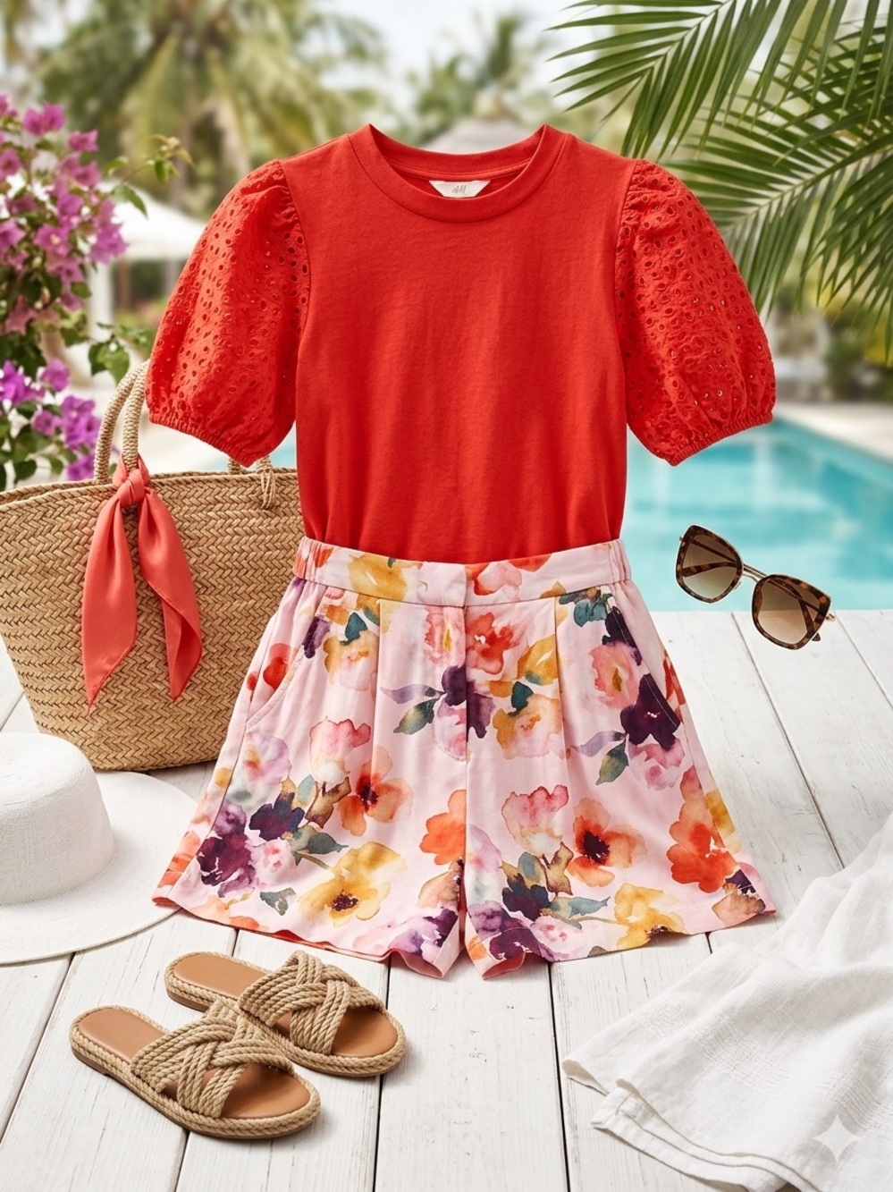 H&M Red Eyelet Puff Sleeve Cotton Top Blouse - Size XS
